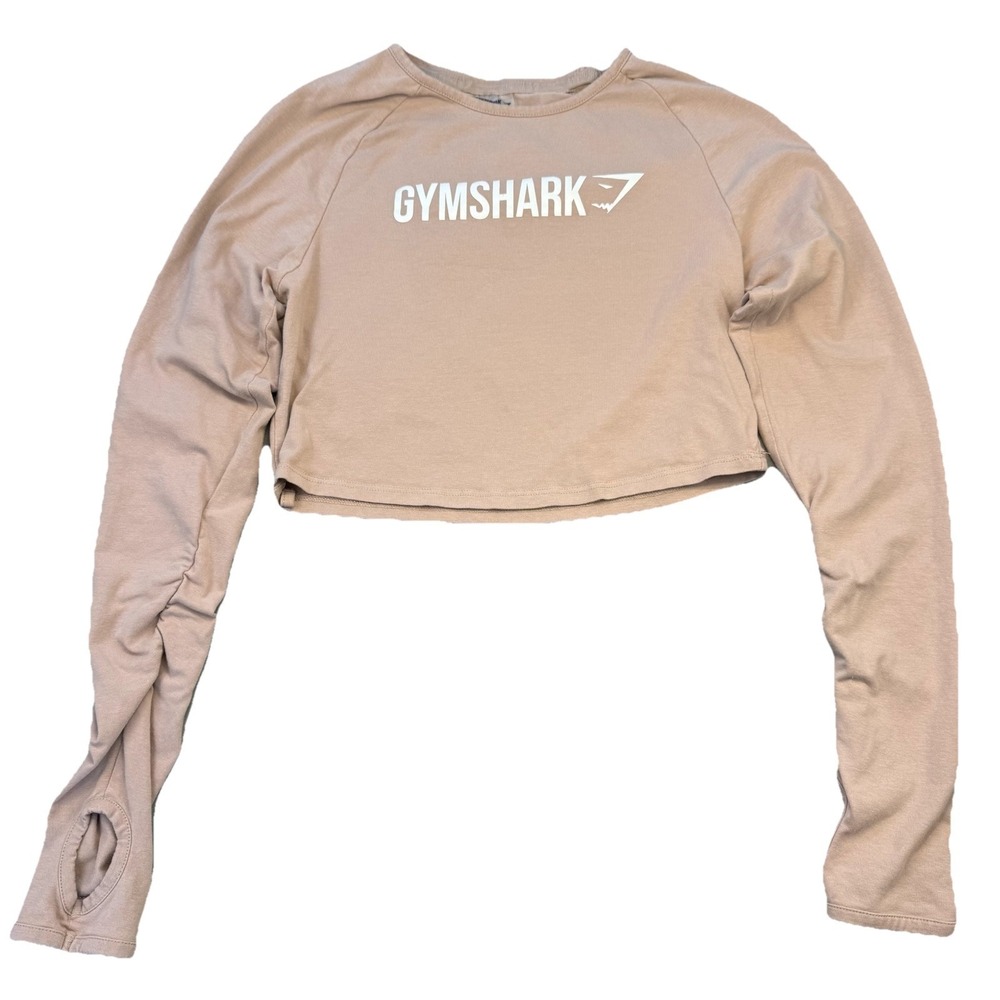 Gymshark Cropped Sweatshirt Sz M BeigeLong Sleeve Spellout Crop Ruched Thumbhole